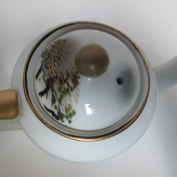 Vintage Porcelain Teapot with Spout Hand-painted Japanese Village 7" tall w/ Lid - Picture 8 of 12